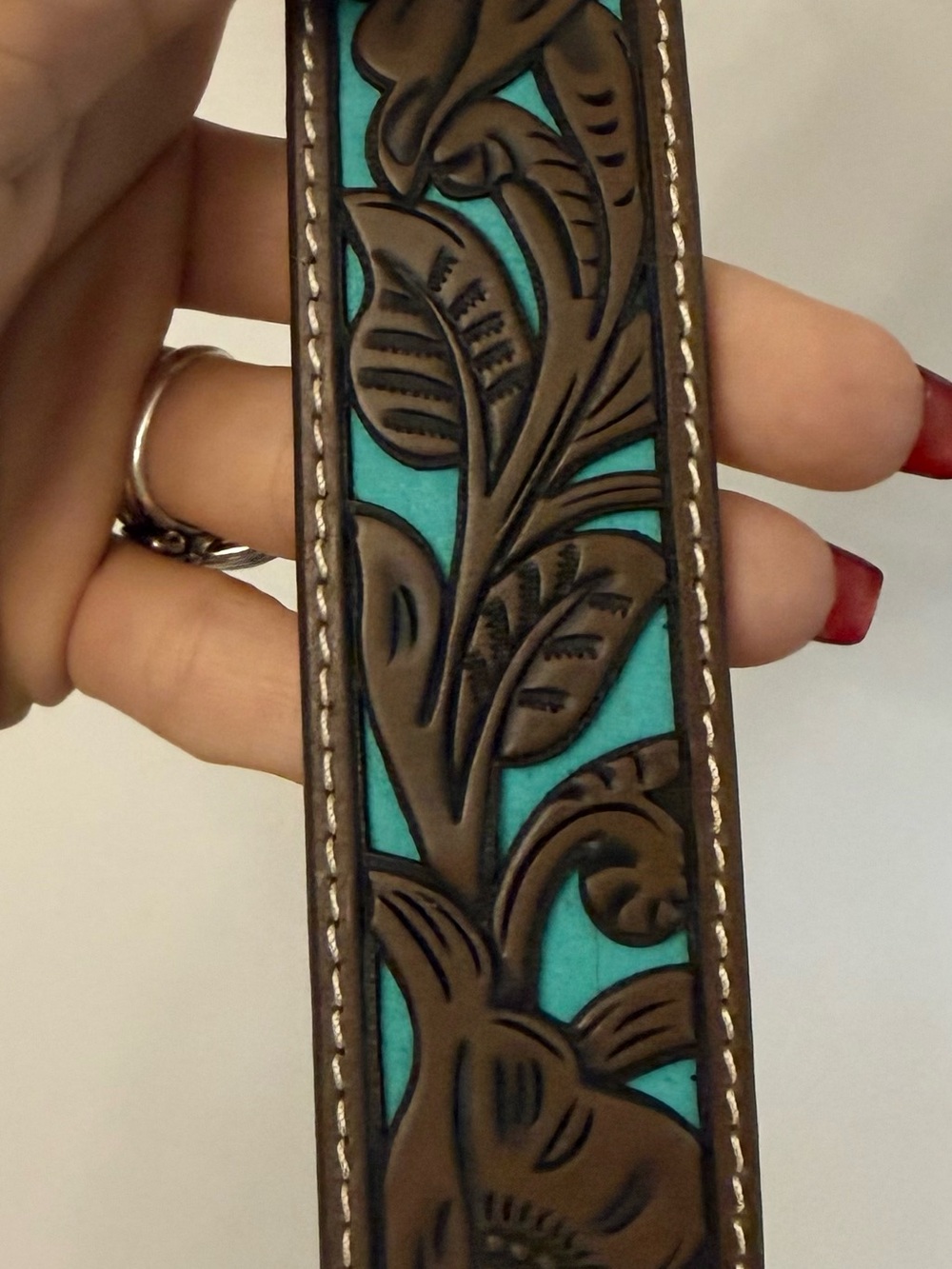 Shyanne Tooled Brown Genuine Leather Buckle Belt with Turquoise Inlay Western - Picture 7 of 7